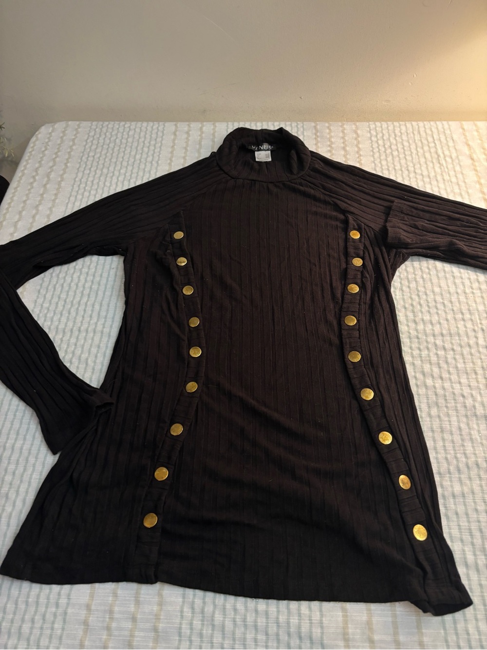 VENUS Black Ribbed Long Sleeve Top with Gold Accent Buttons